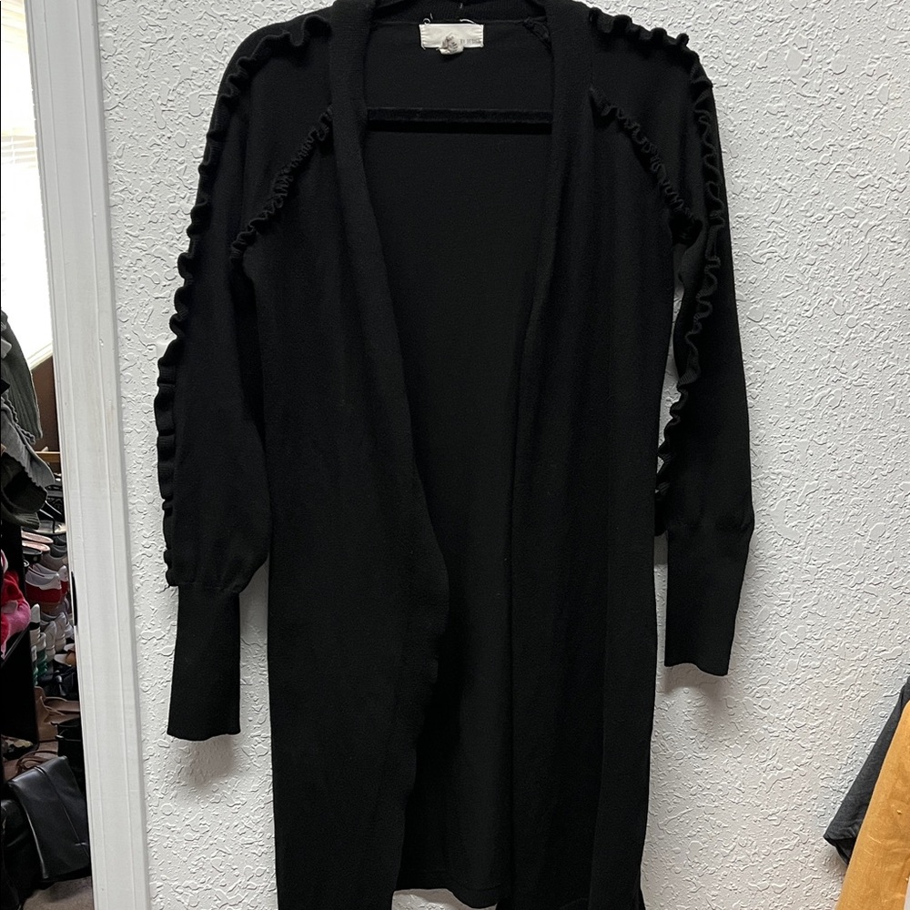 Long open front cardigan with ruffle detail